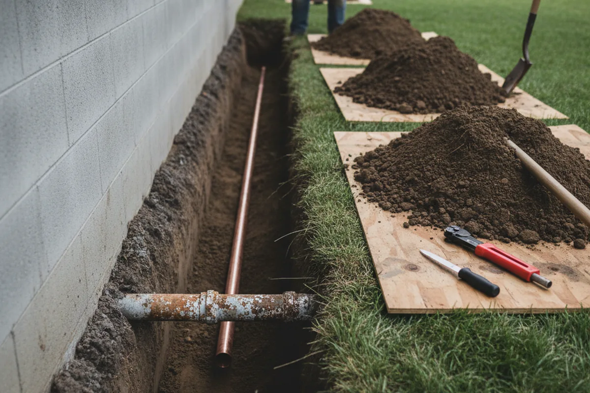 Excavated water line trench during Sewer Line Repair in Jacksonville Beach
